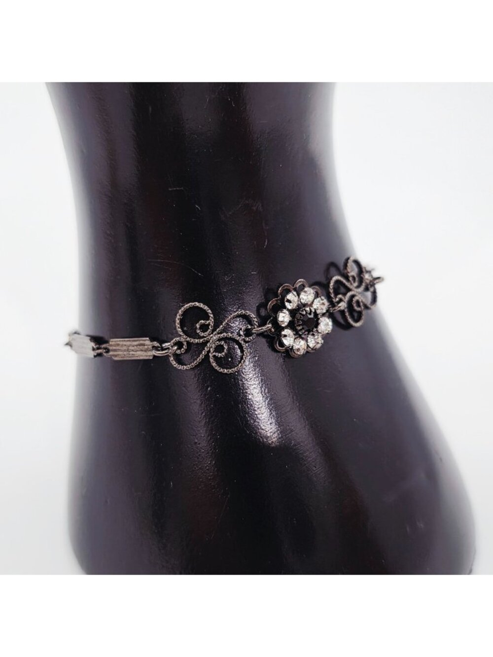 Black & Silver Rhinestone Flower Bracelet Lobster Clasp Closure